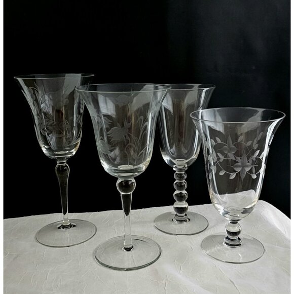Mismatched Wine Glassware Collection set/4 vintage etched mixed cocktail glasses - Picture 3 of 10